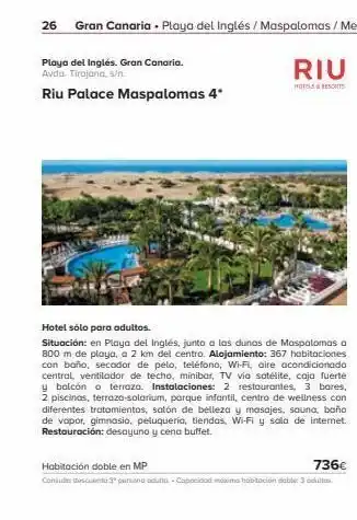 Viajes El Corte Inglés Playa del inglés. gran canaria. avda. tirajana, s/n. riu palace maspalomas 4* hotel sólo para adultos. situación: en playa oferta
