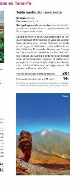 Teide medio día - zona norte salidas: viernes. duración: medio día. recogida/punto de encuentro: información dis ponible en