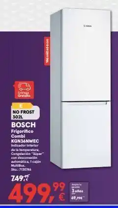 Worten Entrega gratuita no frost 302l bosch frigorifico combi 186x60x66cm kgn36nwec indicador interior de la temperatura, conge oferta