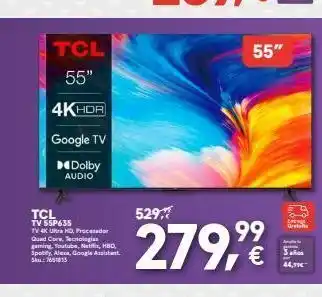 Worten Tcl 55" 4khdr google tv dolby tcl tv 55p635 tv 4k ultra hd, procesador quad core, tecnologías gaming, youtube, netflix, oferta