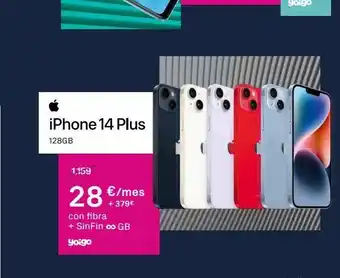 Phone House Iphone 14 plus 128gb 1.159 28 €/mes + 379€ con fibra + sinfin ∞ gb yoigo oferta