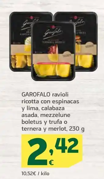 HiperDino Ravioli ricotta con espinacas y lima, calabaza asada, mezzelune boletus y trufa o ternera y merlot garofalo oferta