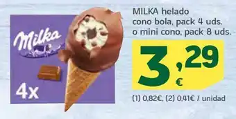 HiperDino Helado cono bola, pack 4 uds. o mini cono, pack 8 uds. milka oferta