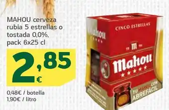 HiperDino Cerveza rubia 5 estrellas o tostada 0,0%, pack 6x25 cl mahou oferta