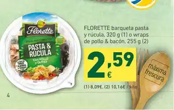 HiperDino Florete Barqueta Pasta Y Rúcula O Wraps De Pollo & Bacón 320g oferta