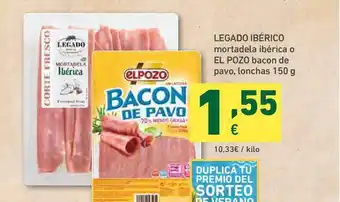 HiperDino Legado Ibérico Mortadela Ibéria O El Pozo Bacon De Pavo Lonchas 150g oferta