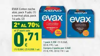 HiperDino Evax Cotton Noche Alas Pack 9 Uds. O Normal Plus Pack 14 Uds. 2° Al 70% oferta