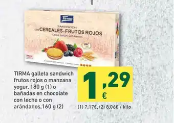 HiperDino Tirma Galleta Sandwich Frutos Rojos O Manzana Yogur Bañadas En Chocolate Con Leche O Con Arándanos 180g oferta
