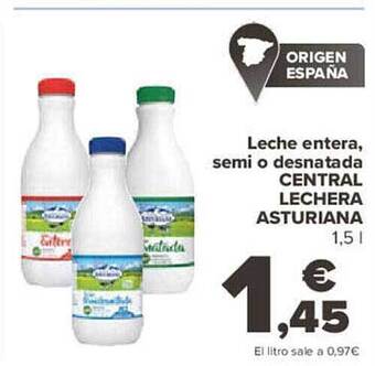 Carrefour Leche entera, semi o desnatada central lechera asturiana oferta
