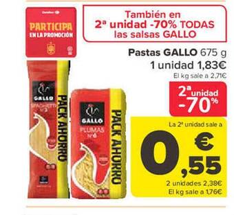 Carrefour 2a unidad -70% pastas gallo oferta