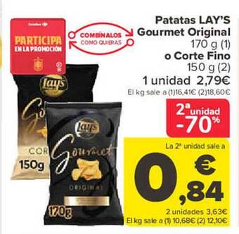 Carrefour 2a unidad -70% patatas lay's gourmet original o corte fino oferta