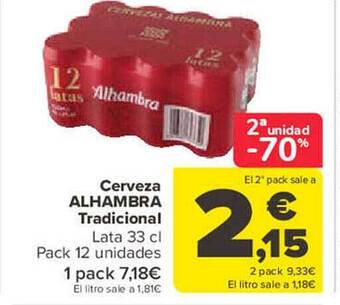 Carrefour 2a unidad -70% cerveza alhambra tradicional oferta