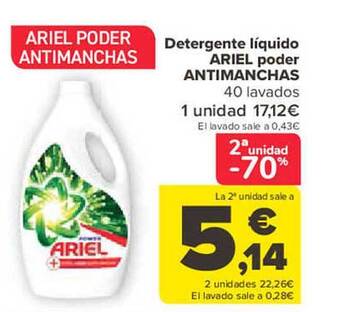 Carrefour 2a unidad -70% detergente líquido ariel poder antimanchas oferta