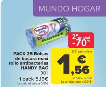 Carrefour 2a unidad -70% pack 25 bolsas de basura maxi rollo antibacterias handy bag oferta