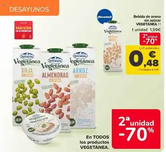 Carrefour 2a unidad -70% bebida de avena sin azúcar vegetánea oferta