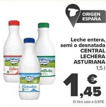 Carrefour Leche entera, semi o desnatada central lechera asturiana oferta