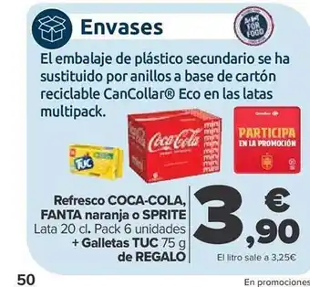 Carrefour Refresco coca-cola fanta naranja o sprite + galletas tuc de regalo oferta