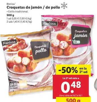 Lidl Monissa Croquetas de jamón/de pollo 500g oferta