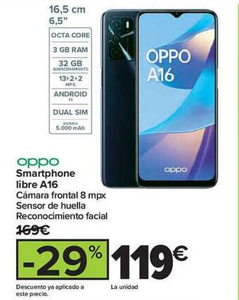 Carrefour Oppo smartphone libre a16 oferta