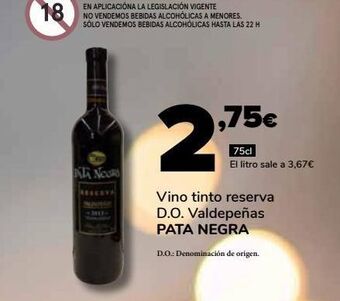 Supeco Vino tinto reserva d.o. valdepeñas pata negra oferta