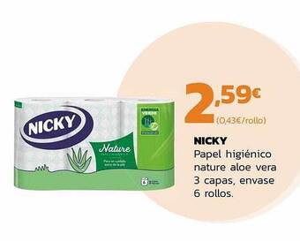 Supermercados Lupa Nicky papel higiénico nature aloe vera 3 capas envase 6 rollos oferta