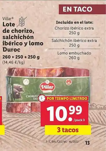Lidl Villar lote de chorizo, salchichón ibérico y lomo duroc oferta