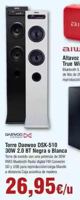 FROIZ Daiiwoo torre dsk-510 30w 2.0 bt negra o blanca oferta
