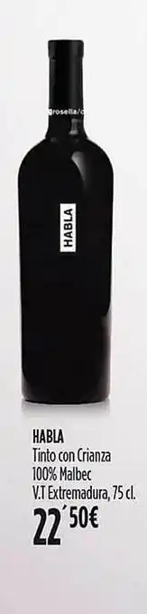 Hipercor Habla tinto con crianza 100% malbec v.t extremadura oferta