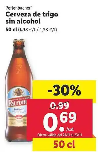 Lidl Perlenbacher cerveza de trigo sin alcohol oferta