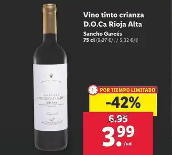 Lidl Vino tinto crianza d.o.ca rioja alta sancho garcés oferta