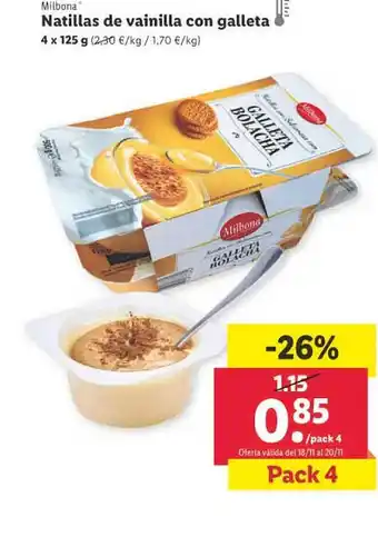Lidl Natillas de vainilla con galleta milbona oferta
