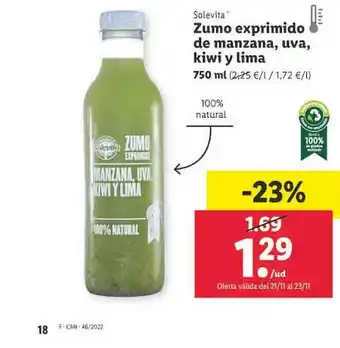 Lidl Zumo exprimido de manzana, uva, kiwi y lima solevita oferta