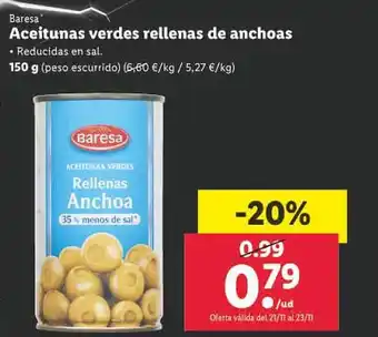 Lidl Aceitunas verdes rellenas de anchoas baresa oferta