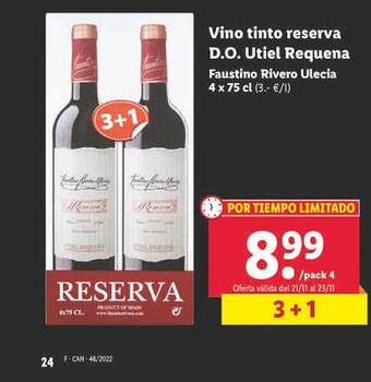 Lidl Vino tinto reserva d.o. utiel requena faustino rivero ulecia oferta