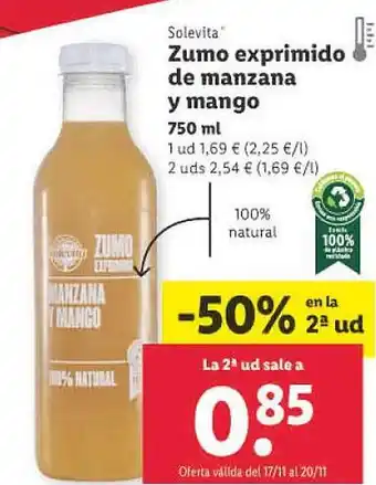 Lidl Zumo exprimido de manzana y mango solevita oferta