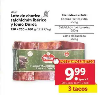 Lidl Lote de chorizo, salchichón ibérico y lomo duroc villar oferta