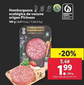 Lidl Hamburguesa ecológica de vacuno origen pirineos oferta