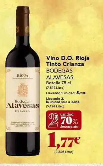 Gadis 2a unidad 70% descuento vino d.o. rioja tinto crianza bodegas alavesas oferta