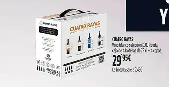 Hipercor Cuatro rayas vino blanco selección d.o. rueda caja de 4 botellas + 4 copas oferta