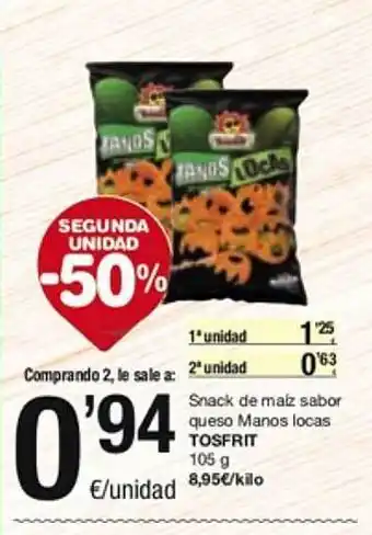 SPAR Fragadis Segona unitat -50% snack de maiz sabor queso manos locas tosfrit oferta