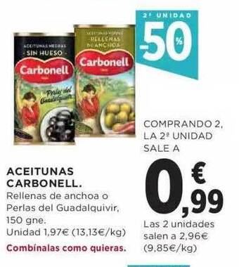Hipercor 2a unidad -50% aceitunas carbonell oferta