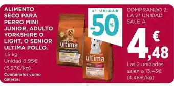 Hipercor 2a unidad -50% alimento seco para perro mini junior, adulto yorkshire o light o senior ultima pollo oferta