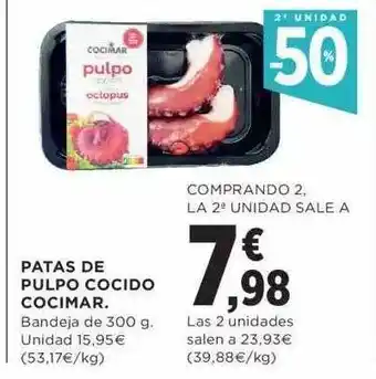 Hipercor 2a unidad -50% patas de pulpo cocido cocimar oferta