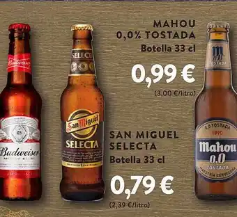 Plenus Supermercados Mahou 0.0% tostada botela san miguel selecta botella oferta