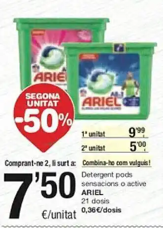 SPAR Segona unitat -50% detergent pods sensacions o active ariel oferta