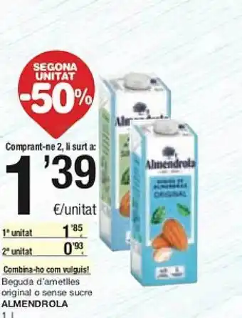 SPAR Segona unitat -50% beguda d'ametlles original o sense sucre almendrola oferta
