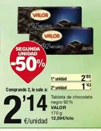 SPAR Fragadis Segona unitat -50% tableta de chocolate negro 92% valor oferta
