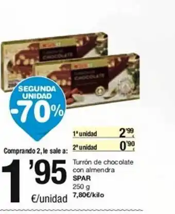 SPAR Fragadis Segona unitat -70% turrón de chocolate con almendra spar oferta