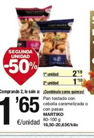 SPAR Fragadis Segona unitat -50% pan tostado con cebolla caramelizada o con pasas martiko oferta