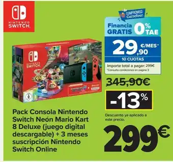 Carrefour Pack consola nintendo switch neón mario kart 8 deluxe (juego digital descargable) + 3 meses suscripción nintendo swictch onli oferta